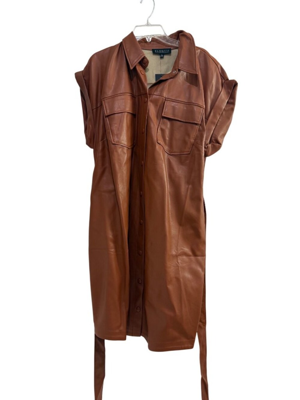 Eloquii Brown Faux Leather Belted Shirt Dress With Pockets Snap Buttons Size 18